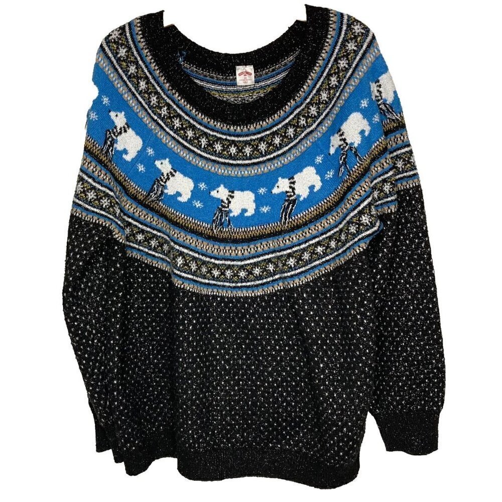 Holiday Time Womens 2X Fair Isle Polar‎ Bears Metallic Tunic Crew Neck Sweater